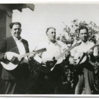 Mr. Franks playing an English guitar, Manuel Lemos and Alberto Mendes playing violas d'arame, group portrait, photograph